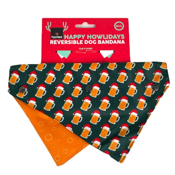 FuzzYard Christmas Santa Hat Beer Mugs Reversible Bandana, Green, Golden, M/L - Picture 1 of 7